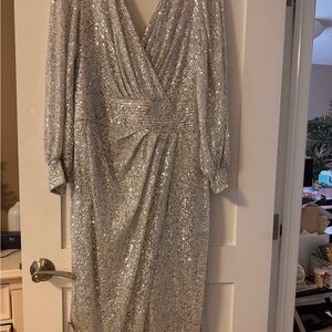 Le Chateau Glittering Silver Long Sleeve Dress